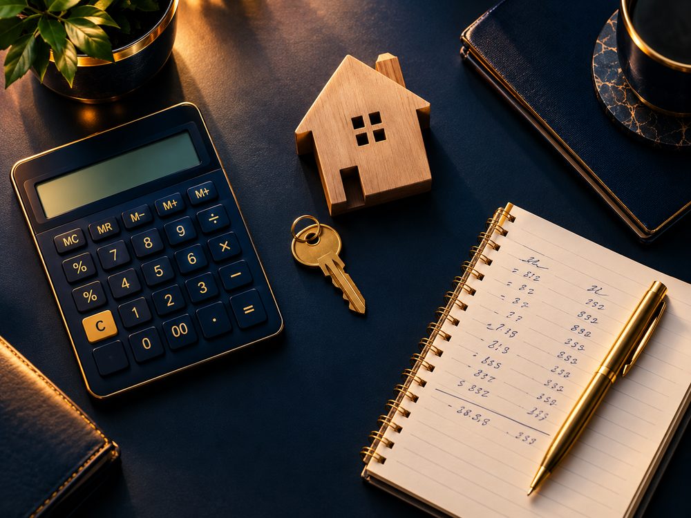 A calculator, wooden house model, house key and notepad of loan calculations on a navy desk