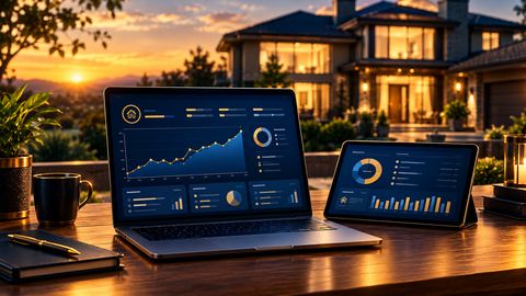 Laptop and tablet showing a mortgage dashboard in front of a house at sunset