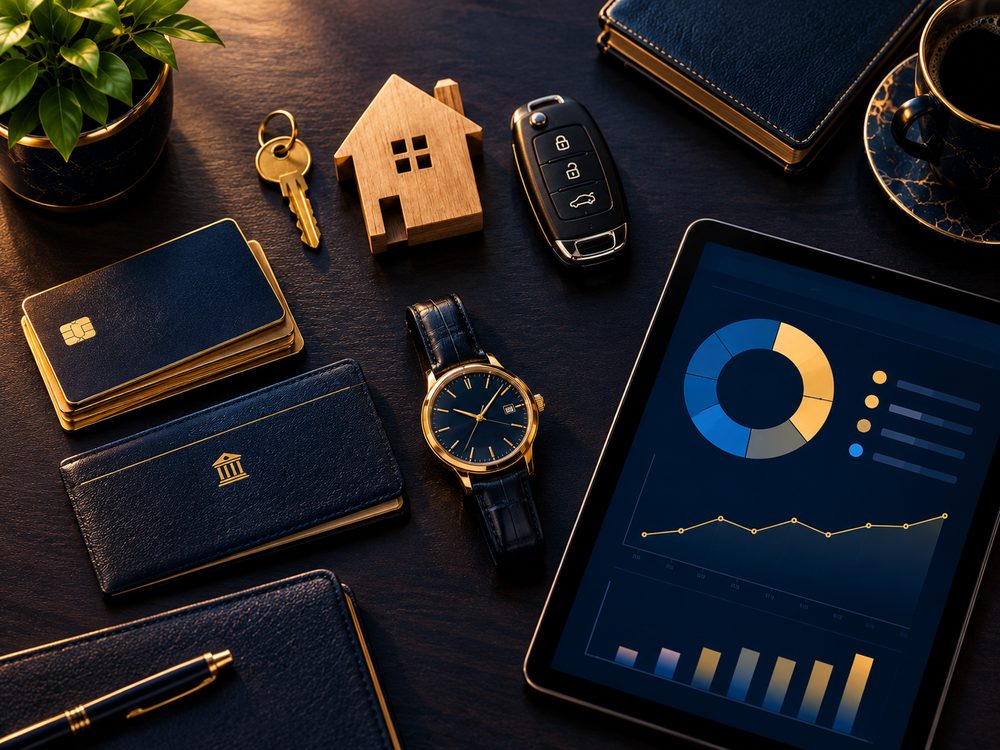 Things you own laid out on a dark desk: house key, wooden house, car key, bank cards, watch and a tablet showing a portfolio chart