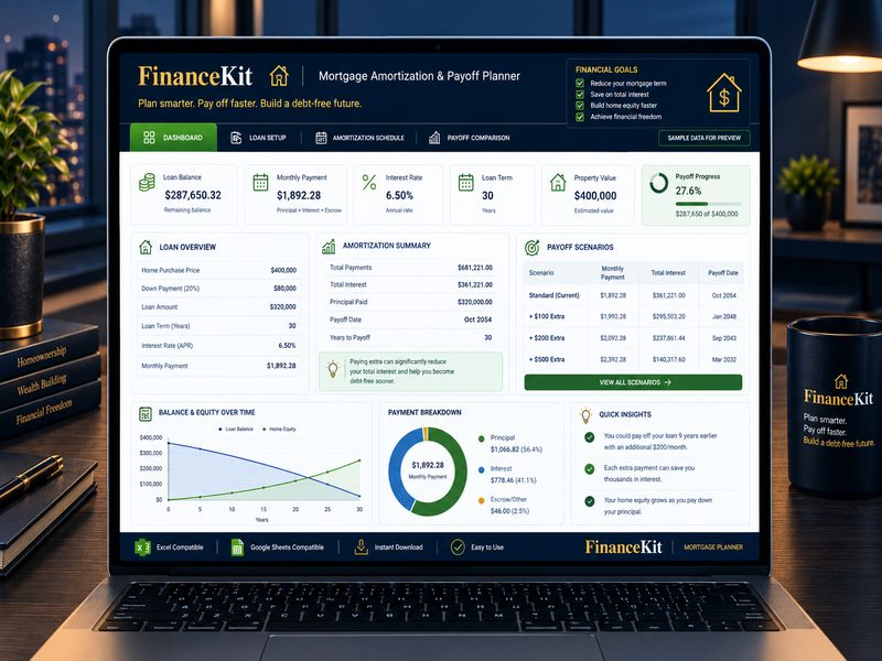 Mortgage Amortization & Payoff Planner dashboard mockup