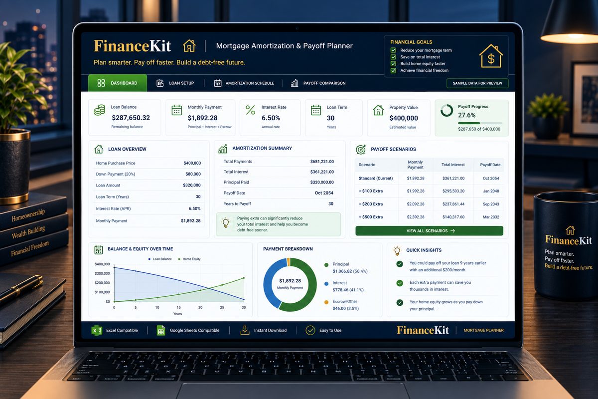 FinanceKit Mortgage Amortization & Payoff Planner — Dashboard overview showing loan balance, payment breakdown and quick insights