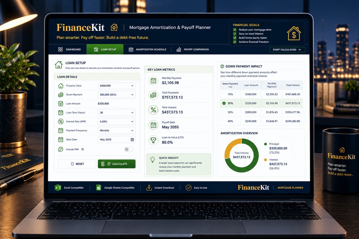 FinanceKit Mortgage Amortization & Payoff Planner — Loan Setup view showing loan details and down payment impact